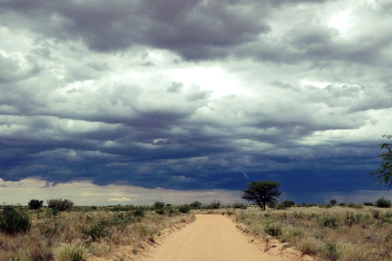 Regenwolken über einer einsamen Straße in der Kalahari in Namibia