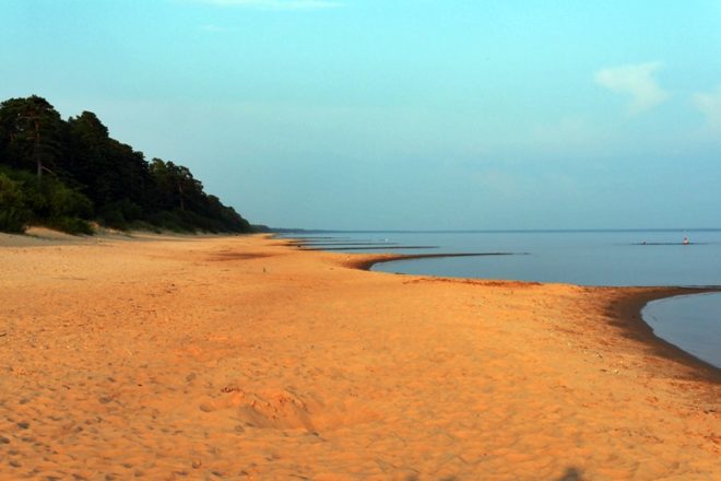 Strand und spiegelglatter Peipus See in Estland