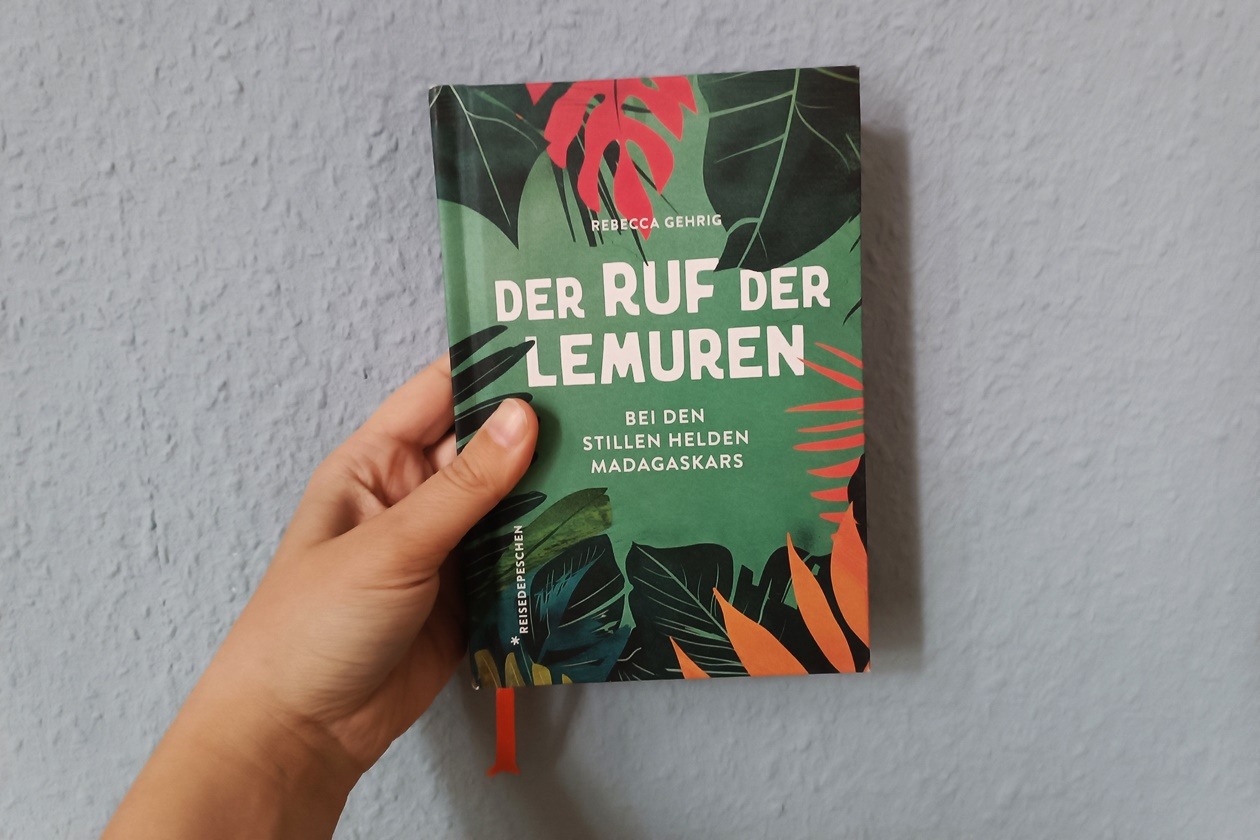 Eine Hand hält das Buch "Der Ruf der Lemuren" von Rebecca Gehrig gegen eine hellblaue Wand.