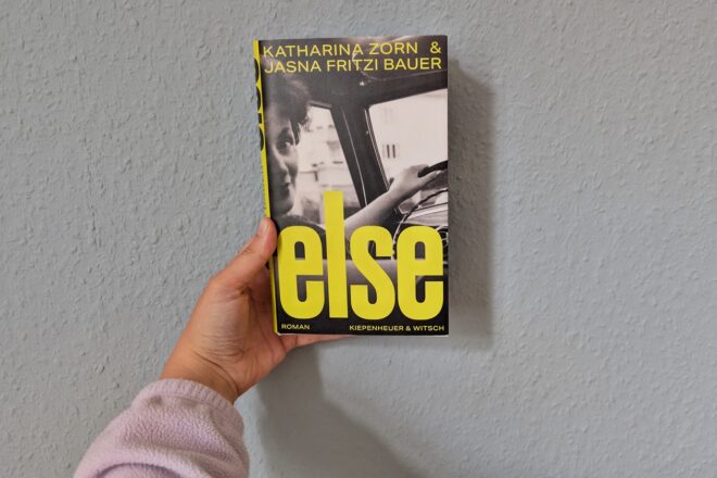 Eine Hand hält den Roman "Else" von Jasna Fritzi Bauer und Katharina Zorn gegen eine hellblaue Wand.
