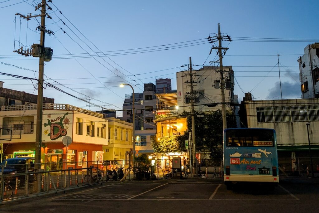 Abendstimmung in Ishigaki Port. Die Häuser sind erleuchtet und im Vordergrund sieht man die oberirdischen Stromleitungen.