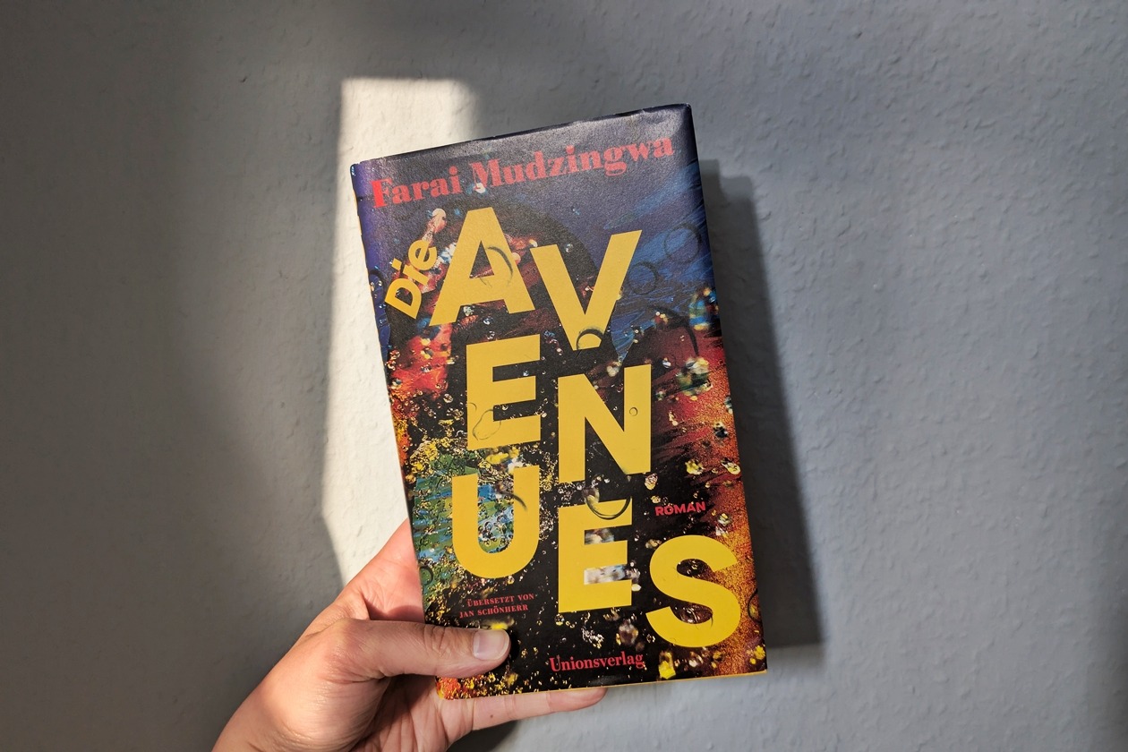 Eine Hand hält das Buch "Die Avenues" von Farai Mudzingwa gegen eine hellblaue Wand.